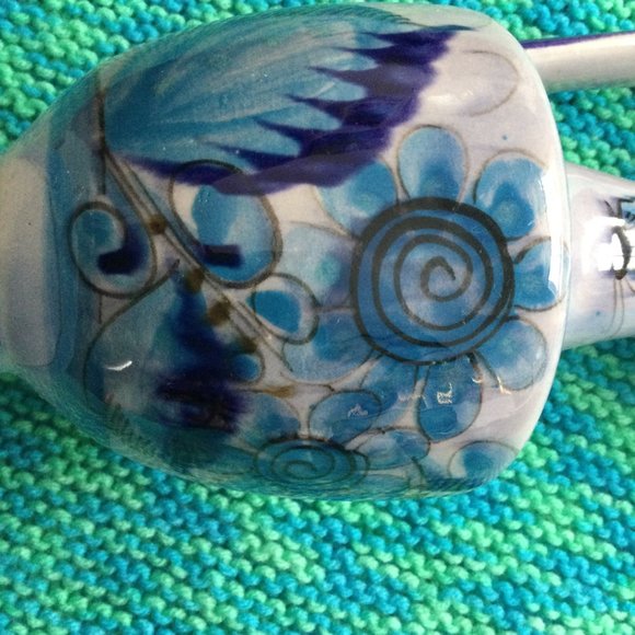 Beautiful handled ceramic vase water pitcher birds butterflies hand painted blue - Picture 4 of 10